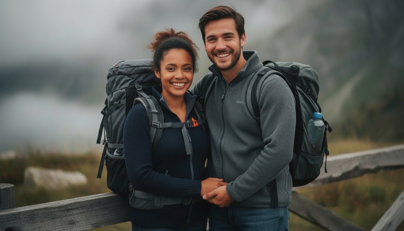Happy couple with backpacks ready for their travels